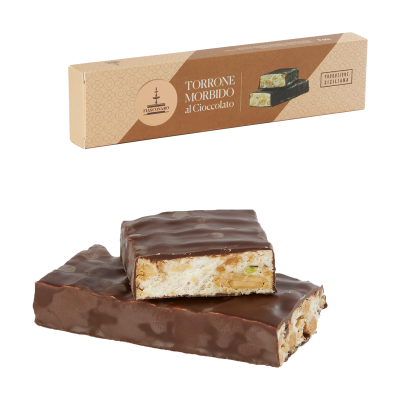 Torrone mit Zartbitterschokolade von Fiasconaro – angeschnittener Riegel vor der 150-g-Schachtel