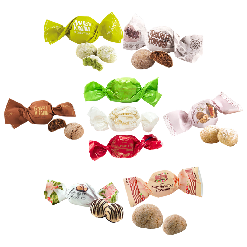 Virginia Amaretti Sorten-Set – 7 Sorten: Tradizionali, Caffè, Pistacchio, Cacao, Fichi e Noci, Zenzero, Tiramisù