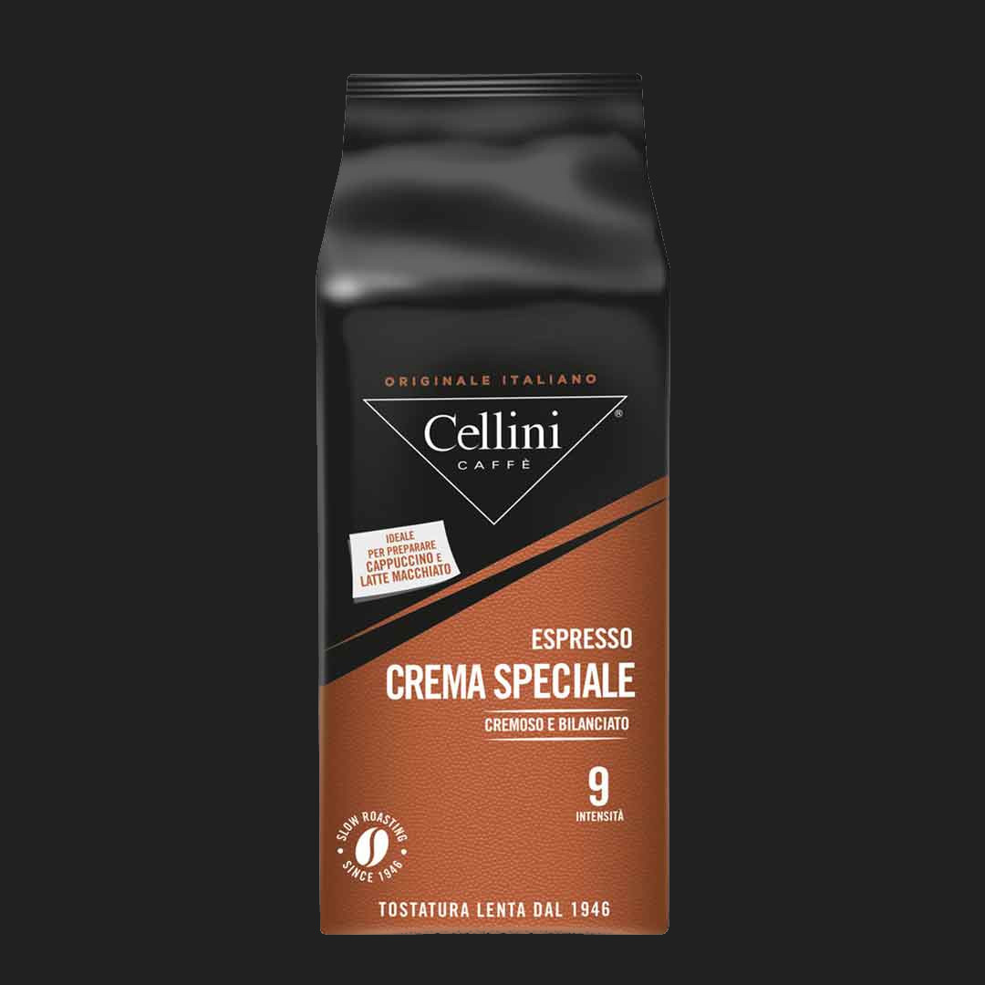 Espresso Crema Speciale Bohnen 1000 g Packung freigestellt auf dunklem Grund